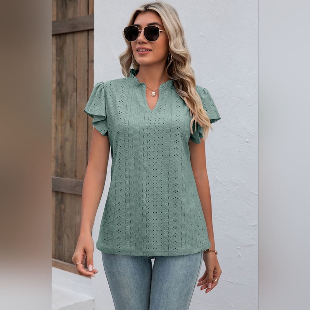Eyelet Notched Flutter Sleeve Top.  Full Plus Sizes Available